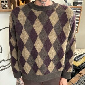 Vintage 90s Earthy Argyle Merino Wool Crewneck Sweater ~ Size Medium